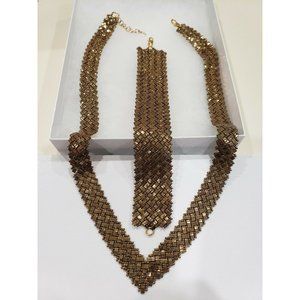 Hand Woven Beaded Set Gold Glass Square Beads 18in. Necklace 6 1/2in. Bracelet